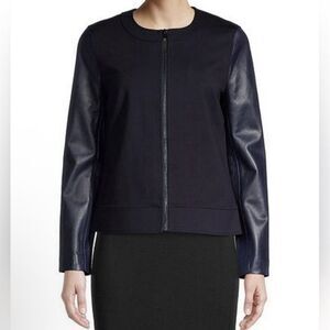 St. John Women's Blue Jacket Size 6 Leather Sleeves Front Zip Classic Neckline